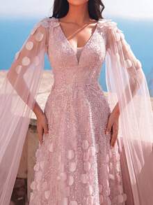 Faeriesty Đầm dạ hội dài tay đính sequin thanh lịch dành cho nữ - Họa tiết hoa, áo choàng voan mỏng và thắt lưng, thích hợp cho buổi hẹn hò lãng mạn ngày Valentine, đám cưới sa mạc và tiệc thảm đỏ trang trọng. - Bụi hồng - Xem 5
