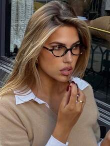1pc Transparent Oval Small Frame Retro Fashion Versatile Plain Glass Eyeglasses For Women Daily Wear - Leopard - View 3