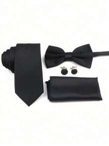 Set de 4 piezas de corbata, corbatín, pañuelo de bolsillo y gemelos de unicolor de poliéster, moda de negocios versátil para hombres, adecuado para bodas, ceremonias y uso diario - Negro - Ver 2