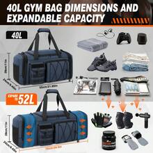 Borsa sportiva impermeabile da uomo da 40 litri con scomparto per scarpe, scomparto per indumenti bagnati, borsa da viaggio espandibile, borsa da palestra da donna, borsa sportiva per fitness, nuoto, viaggi, weekend, nera - Blu - Visualizzare 3