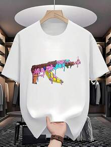 Premium Cotton T-Shirt Ice Cream Gun AK47, Funny Short Sleeve T-Shirt For Men, Black Series 160G - 白色 - 查看 1