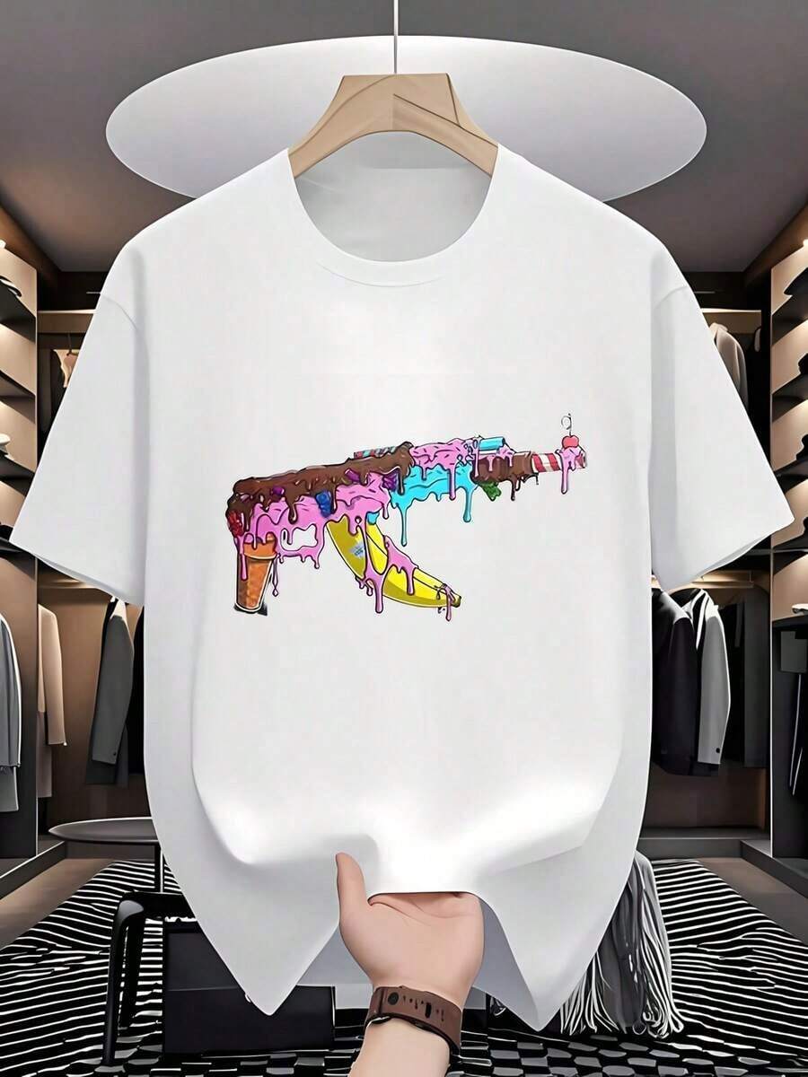Premium Cotton T-Shirt Ice Cream Gun AK47, Funny Short Sleeve T-Shirt For Men, Black Series 160G - 白色 - 查看 1