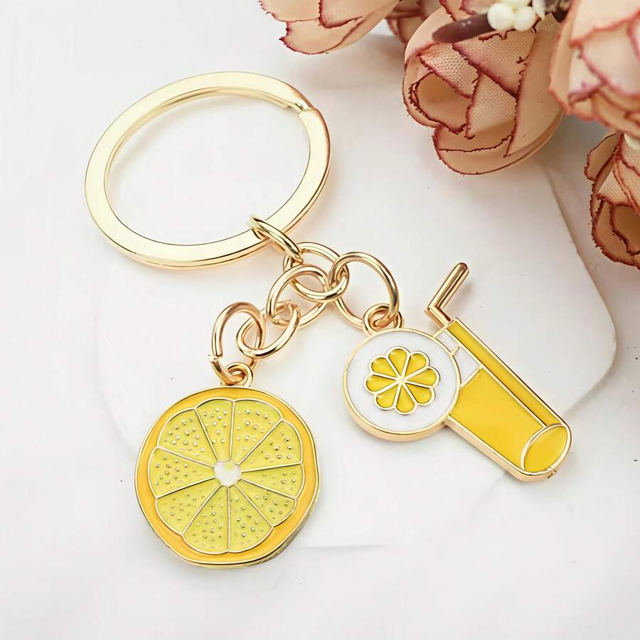 1Pc Sweet Lemon Slice Keychain, Zinc Alloy, Enamel Lemon & Drink Charms, Gold Tone, Summer & Graduation Gift - Multicolor - View 1