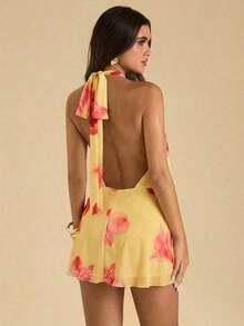 Vestido corto de verano elegante y sexy con estampado floral y espalda descubierta - Rosa 2 - Ver 2