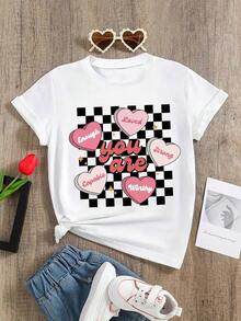 Camiseta de manga corta con cuello redondo y estampado de corazones para niñas, verano - Rosa - Ver 1