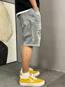 Men's Casual Washed Vintage Distressed Denim Shorts, Summer - Grey - View 4