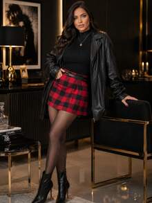 Elegance Checkered Skirt CHINE  WITHOUT BELT - Red - View 6