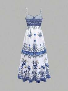 MEXGlowEve Vestido de tirantes finos con estampado y cintura anudada en forma de A para mujer, encantador, sexy y elegante para el uso diario, vacaciones, citas de moda, estilo callejero francés retro y versátil, /verano, nuevo vestido largo sin mangas de tirantes finos en azul y blancoMEX DPWJ - Color caoba - Ver 9