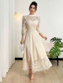 Vestido largo de manga larga con parches de bordado de ojal amarillo para mujeres - Albaricoque - Ver 9