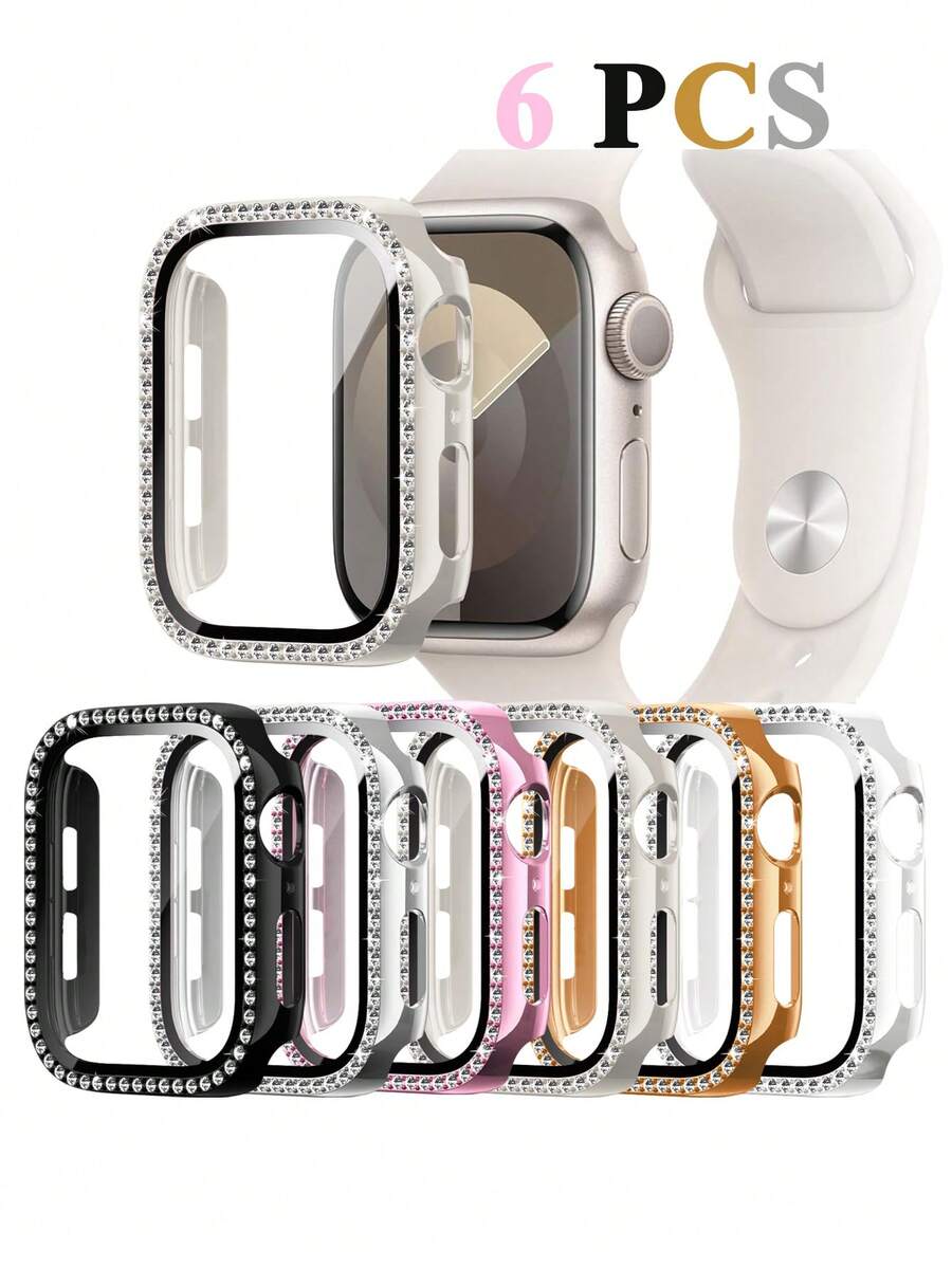 6入組閃亮保護殼 適用於 螢幕保護貼 38/40/41/42/44/45/46/49mm Series SE/11/10/9/8/7/6/5/4/3/2/1,亮片鑽石防撞殼內建鋼化玻璃 全方位防刮面殼 適用於 配件 - 6PCS Case - 查看 1