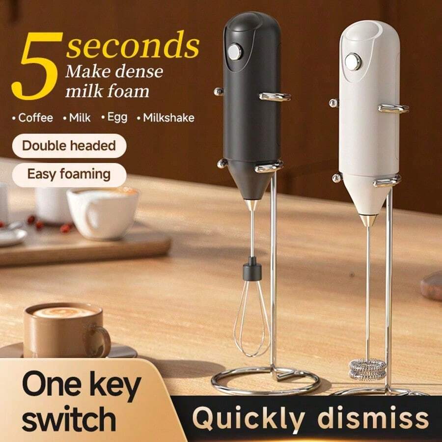 Handheld Electric Milk Frother, Small Egg Beater For Baking Cream, Outdoor Food Mixer, Single Head Milk Foamer, Essential Kitchen Tool (Without Stand) - Black and White - View 1