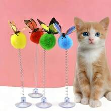 2pcs Random Color Premium Interactive Cat Toy Butterfly Spring-Loaded Suction Cup Teaser Wand, Durable Fabric For Interactive Self-Play, No Batteries Required, Suitable For All Breeds, Pet Entertainment Fun Design Battery-Free Cat Spring Ball Toys - Multicolor - View 1