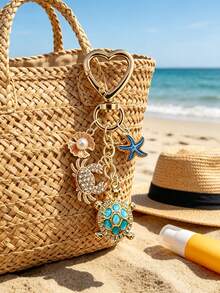 Gold Ocean Theme Keychain, Decorated With Turtle, Crab, Starfish And Pearl Charms, Heart-Shaped Lobster Clasp Bag Charm, Sparkling Rhinestone And Enamel Accents - Multicolor - View 7