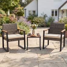 Outdoor Bistro Set Of 3 PE Wicker Patio Furniture Set With Soft Cushion & Side Table 12 Adjustable Feet - Beige - View 9