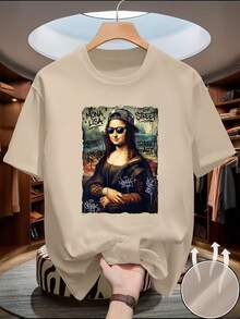 Men's Round Neck, Short Sleeve, Printed Summer T-Shirt, Easy To Wear, Comfortable Design With Fashionable Elements, High Comfort, Breathable, Long-Lasting Comfort, Attractive, Moisture-Wicking, High-Quality Fabric, Fashionable Item, Mona Lisa Parody, Abstract - 杏色 - 查看 12
