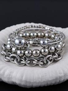 5Pcs Vintage Chunky Silver Multi-Layer Bracelet Set, Edgy Chic Chain With Beaded Heart Detail & Smooth Cuff, Perfect Gift For Women's Fashion Accessories - Silver - View 5