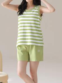 AICJ 2 Stücke Damen Lässig Minimalist Frühling/Sommer Rundhals gestreifter rosa Blume Muster ärmelloser Trägertop und Shorts Pyjama Set, weich und bequem - Minzgrün - Übersicht 5