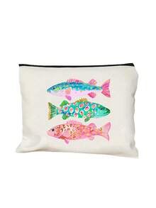 Colorful Striped Fish Pattern Cosmetic Bag,Vintage Style,Creative Zippered Makeup Pouch & Multi-Functional Coin Purse - Multicolor - View 17