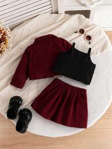 3pcs Baby Girl Plaid Blazer, Camisole Top And Skirt Set, Sweet Fashion School Style Outfit For Spring/Autumn, Suitable For School And Outdoor - Red - View 3