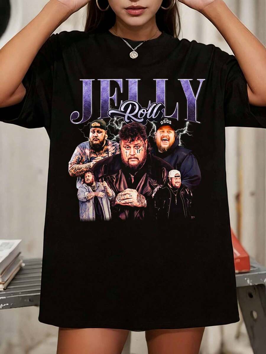 Jelly Roll Country Rap Artist Fotokollage Grafisk Överdimensionerad Svart T-shirt - Svart - Visa 1
