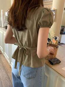 2016 Blusa de manga corta ceñida con cinturón y mangas abullonadas, color rosa, tops lindos para primavera/verano - Verde militar - Ver 2