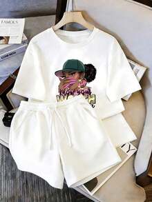 Women's T-Shirt And Shorts Set, Hip-Hop Style Afro Girl Print With Artistic "Know Your Worth" Lettering, Modern And Unique Casual Set, Suitable For Wearing On Labor Day And Mother's Day - 白色 - 查看 1
