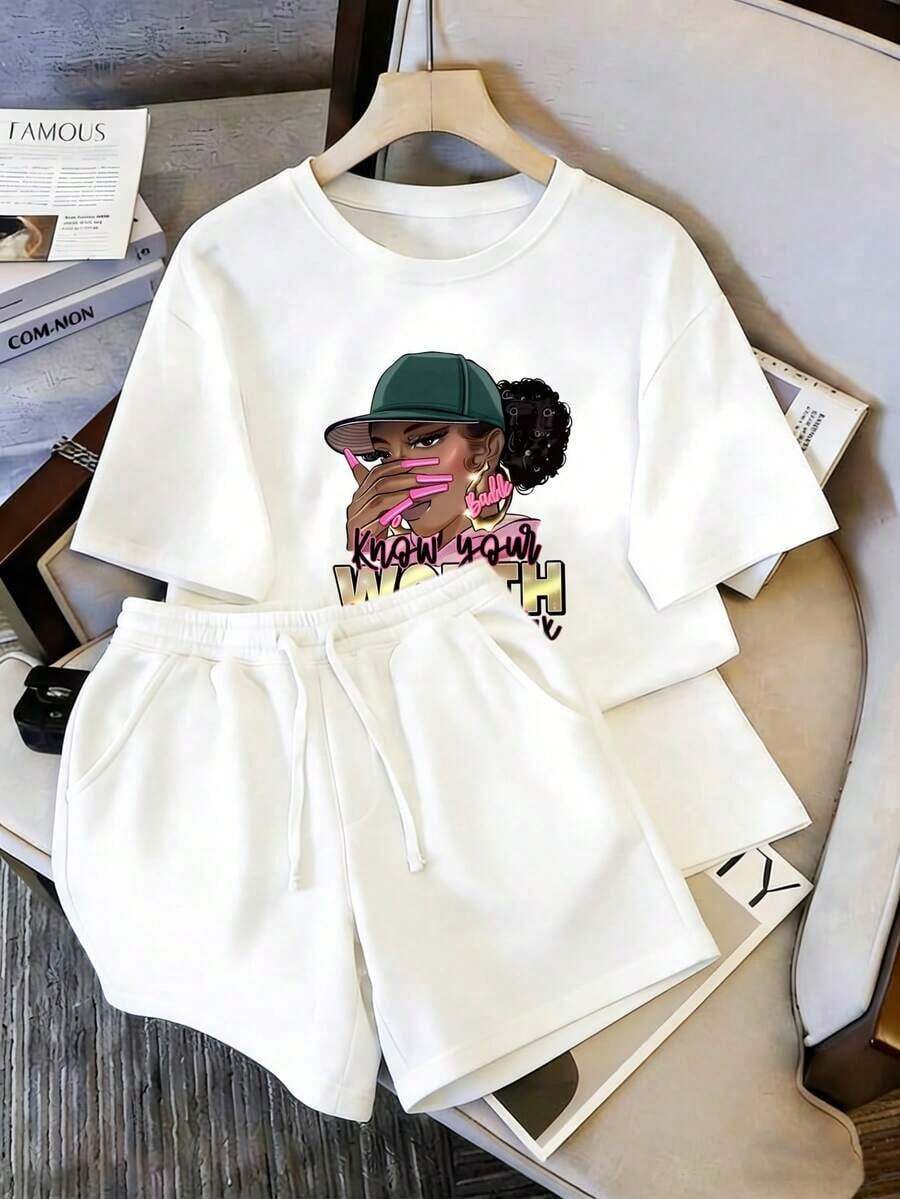 Women's T-Shirt And Shorts Set, Hip-Hop Style Afro Girl Print With Artistic "Know Your Worth" Lettering, Modern And Unique Casual Set, Suitable For Wearing On Labor Day And Mother's Day - 白色 - 查看 1