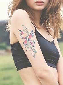 1 Tattoo Sticker - Watercolor Splatter Gradient Butterfly Dreamy And Elegant Vertical Tattoo Design, Temporary Tattoo Sticker, Washable PVC, Waterproof And Sweat-Resistant, Suitable For Hands, Arms, Waist, Abdomen, Back, Legs - No Reflection, Realistic Tattoo Design. Suitable For Travel, Music Festivals, Games, Graduation Gifts, Daily Use. For 3-5 Days. - Multicolor - View 5