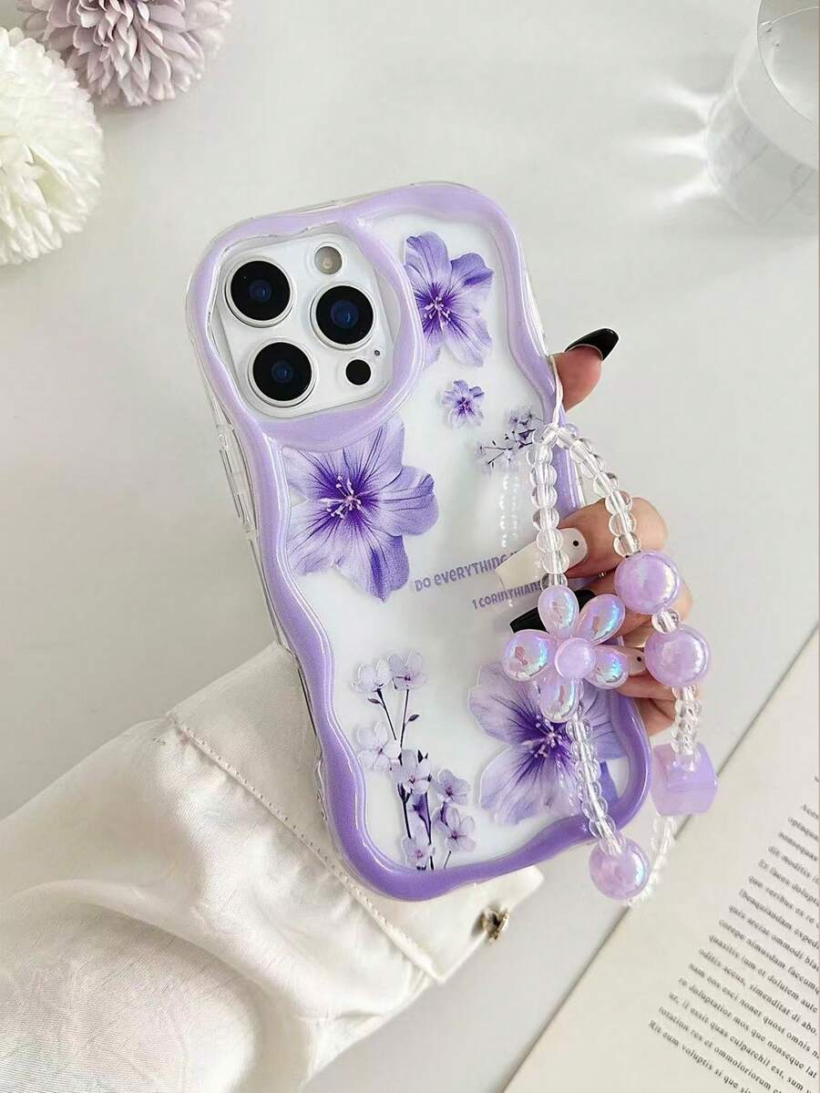 奶油波浪邊亮面花卉彩繪防震手機殼附珠飾手鍊配件,適用於 iPhone 17pro/17Air/17/17promax16/11/16pro/16plus/16promax/16e/15Promax/13/14/12/XS/XR/7G/8P、 Galaxy 11/12Pro/12/12X/13Pro/14Pro/15Pro/、Redmi 10/9/Note9/12c/Note11pro/Note8Pro - 彩色 - 查看 1