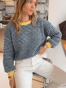 Sweater Pullover Rajut Bergaris Wanita, Potongan Longgar Regular Fit, Atasan Lengan Panjang Leher Bulat, Cocok untuk Pakaian Sehari-hari di Musim Gugur - Biru - View 4