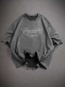 Men's Short Sleeve Crew Neck T-Shirt With Minimalist Print, Olive Green Graphic Tee, Oversized Printed Crop Top For Men, Unisex Washed T-Shirt. Y2K Style, Fashionable Style, Cute Style, Casual Style, Women's Blouses > Clothing. 230g (Sizes S-XXXL) - 灰色的 - 查看 2