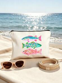Colorful Striped Fish Pattern Cosmetic Bag,Vintage Style,Creative Zippered Makeup Pouch & Multi-Functional Coin Purse - Multicolor - View 6