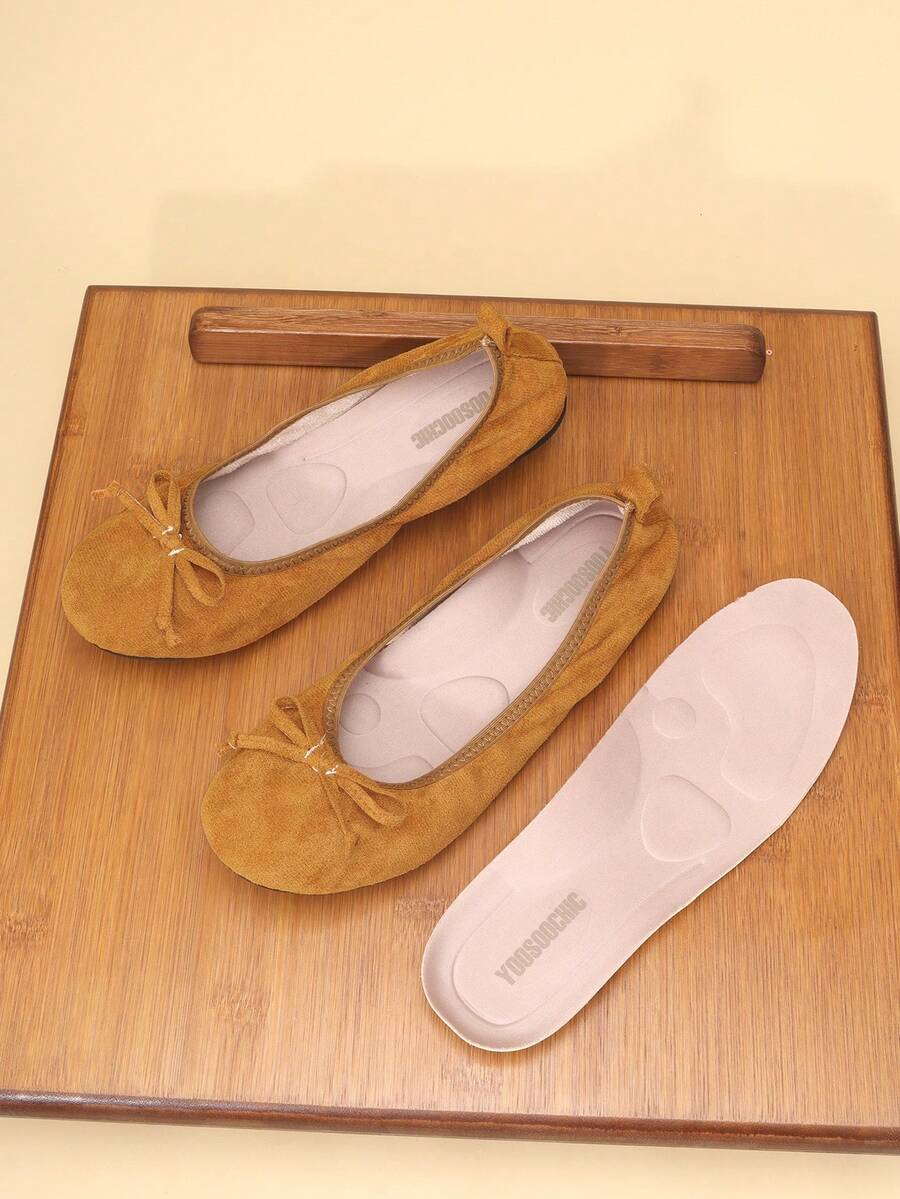 1 Pair Women's Fashion Comfortable Thick Insole Slip-On Flat Ballroom Dance Shoes, Outdoor Casual Foldable Portable Flat Bow Tie Ballet Shoes