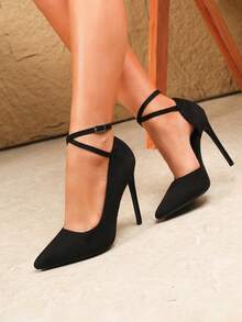 Giày cao gót mũi nhọn nhung đen thời trang gợi cảm 12cm có trang trí thắt lưng, giày nữ phong cách cổ tích đa năng cho mùa xuân và mùa thu, dự tiệc - màu đen - Xem 3