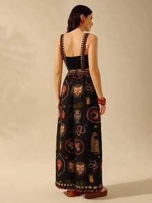Mono negro casual de vacaciones de verano para mujer con diseños estampados bohemios de leopardo tropical, caparazón de tortuga de bambú, ojo del, serpiente y pájaro, con bolsillos grandes y tirantes - Multicolor - Ver 2