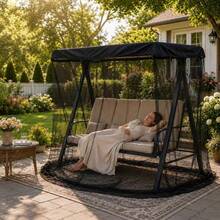 1 Set 3-Seater Outdoor Patio Swing With Mosquito Net And Sunshade Cover With Zipper, Suitable For Backyard, Patio, Garden - A - View 1