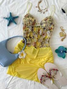 Vestido mini con camiseta sexy con pliegues y calado para mujer - Multicolor - Ver 3