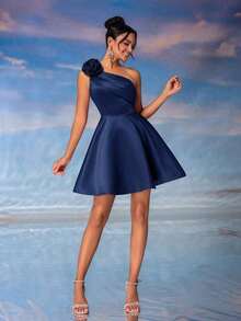 Lovelzi Elegante y lujoso vestido mini de fiesta con asimetría de volantes y flores 3D de color rosa loto - Azul marino - Ver 4