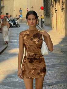 Vestido mini con manga de paraguas fruncida y decoración metálica para mujer - Blanco 5 - Ver 2