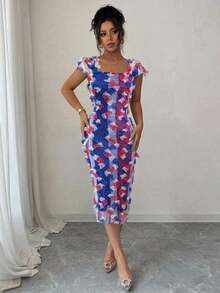 Vestido midi elegante y romántico de mujer con malla bordada y fruncido, adecuado para la temporada de bodas, fiestas, citas y salidas casuales (bordado aleatorio) - Multicolor - Ver 7