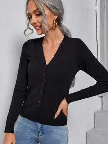 Blusa casual de manga larga con botones delanteros de unicolor para mujer, para uso diario, suéter de punto en otoño/invierno - Negro - Ver 5