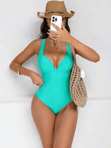 Traje de baño de una pieza con control de abdomen y push-up, con espalda cruzada, en color marrón con diseño de patchwork, elegante y sexy para fiestas y piscina - Verde - Ver 5