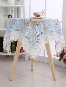 HXARTMIS 1 Stück blaue Blumen Spitze Tischdecke, leichte bestickte Quasten-Tischdecke, rechteckige Tischdecke geeignet für Esszimmer, Küche, Party, Hochzeit und Heimdekoration - Babyblau - Übersicht 2