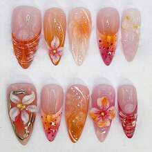 24Pcs Red Flower Press On Nails Medium Almond French Tip Fake Nails With 3D Gilding Rhinestones Design Spring Summer False Nails Full Cover Artificial Glue On Nails Handmade Stick On Nail For Women - 多色花卉 - 查看 1