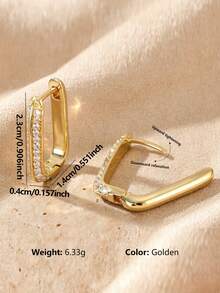 1 Pair Luxury Copper Zirconia Geometric Rectangle Hoop Earrings, Shiny Elegant Earrings For Women, Party/Holiday/Date Gift - Gold - View 2