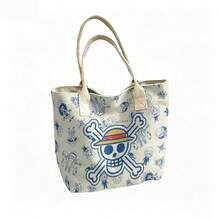 Miniso One Piece Cute Straw Hat Pirates Jolly Roger & Chibi Crew Print Canvas Tote Bag, Beige Shoulder Bag For Daily Use - Black - View 5