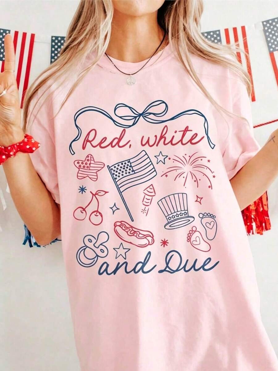 Soft Cotton T-Shirt For Women, Red White And Due Shirt, 4th Of July Pregnancy Reveal Shirt, Summer Pregnancy Announcement Tee, Expecting Mom To Be T-S - 粉色 - 查看 1