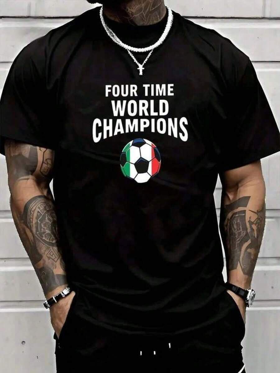 Men's Cotton T-Shirt With Graphic Print Of Four World Champions Soccer Balls, Casual Sporty Style, Made Of Comfortable Premium Fabric, Perfect For Match Days, Casual Outings, Gift For Soccer Fans - 黑色 - 查看 1