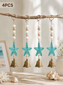 Resin Starfish Wind Chime With Bell - Ocean Theme Home Decor, Outdoor Patio Decoration | Blue Starfish, Wooden Beads, Vintage Metal Bell | Summer, Seaside, Mediterranean, Boho Style Home Decor - Wind Chimes - View 6