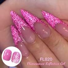 FOUR LILY 1 Bottle Bright Pink Fluorescent Reflective Glitter Gel Nail Polish, 10ml Fluorescent Color Shiny Glitter Dark Laser Gel Nail Polish, Suitable For Summer Nails, Semi-Permanent Soak-Off UV Gel Nail Polish, Nail Art DIY Home And Nail Salon - 玫紅色 - 查看 4